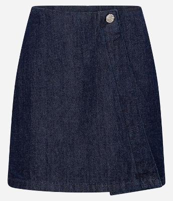 Short Saia em Jeans Raw com Botão de Flor Metalizado