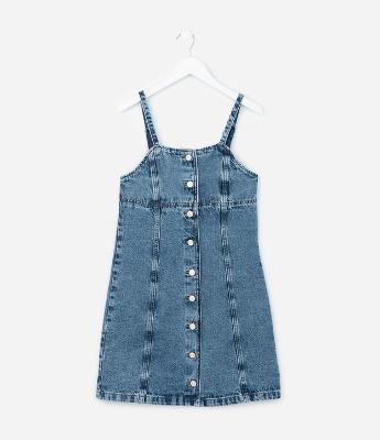 Vestido Infantil Jeans com Botões - Tam 5 a 14 Anos