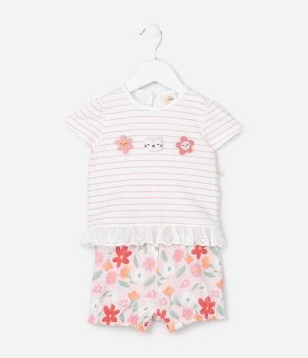 Conjunto Infantil com Estampa de Listras e Flores - Tam 0 a 18 Meses