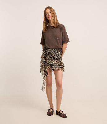 Saia Curta em Tule Animal Print e Babado Duplo com Ponta