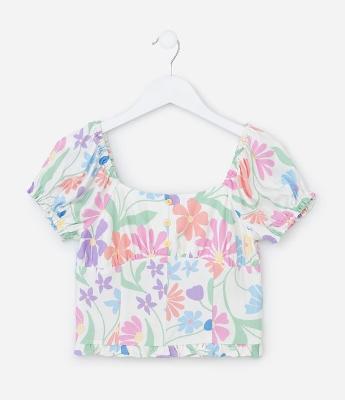 Blusa Infantil com Manga Bufante e Estampa Floral - Tam 5 a 14 Anos