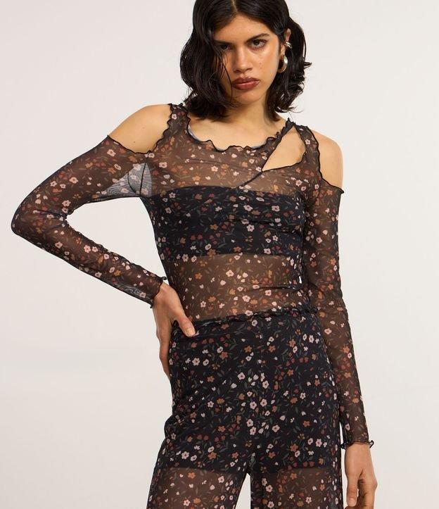 Blusa em Tule Floral com Cut Out e Borda Frufu - 2