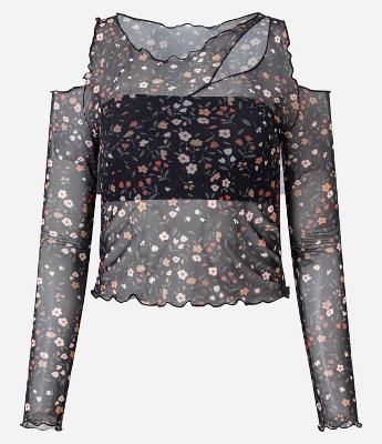 Blusa em Tule Floral com Cut Out e Borda Frufu