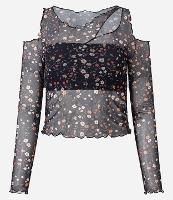 Blusa em Tule Floral com Cut Out e Borda Frufu - 1