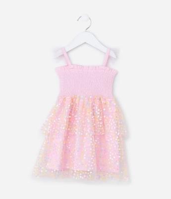 Vestido Infantil em Tule com Babados e Flores - Tam 1 a 6 Anos