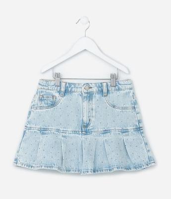 Saia Infantil Jeans com Pregas e Brilhinhos - Tam 5 a 14 Anos