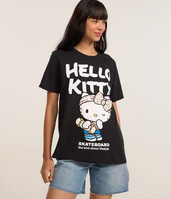 Camiseta Alongada em Algodão com Estampa Hello Kitty Skateboard