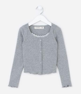 Blusa Infantil em Ribana com Sobreposição de Renda - Tam 5 a 14 Anos