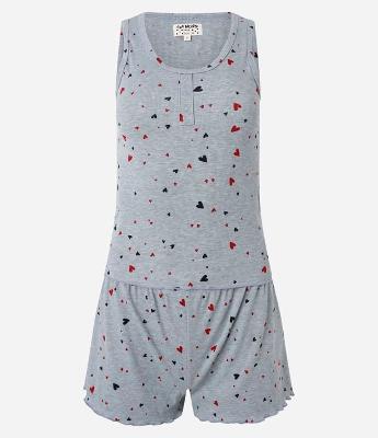 Pijama Short Doll em Ribana com Estampa de Corações