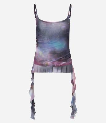 Blusa em Tule com Estampa Abstrata e Pontas com Drapeados