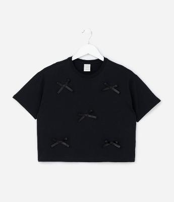 Camiseta Boxy Infantil com Lacinhos Aplicados - Tam 5 a 14 anos