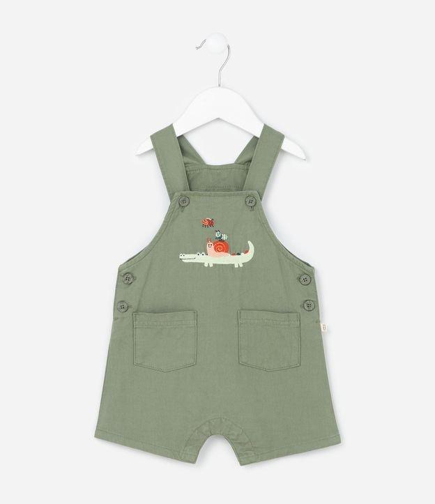 Jardineira Infantil em Sarja com Estampa Bordada Crocodilo - Tam 3 a 18 Meses - 1