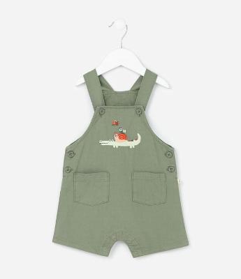 Jardineira Infantil em Sarja com Estampa Bordada Crocodilo - Tam 3 a 18 Meses