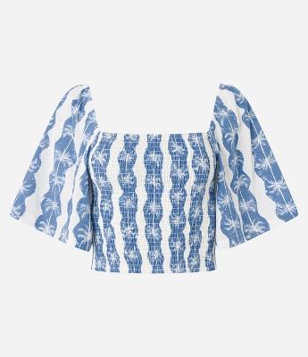 Blusa Cropped em Viscolinho com Lastex e Estampa Tropical