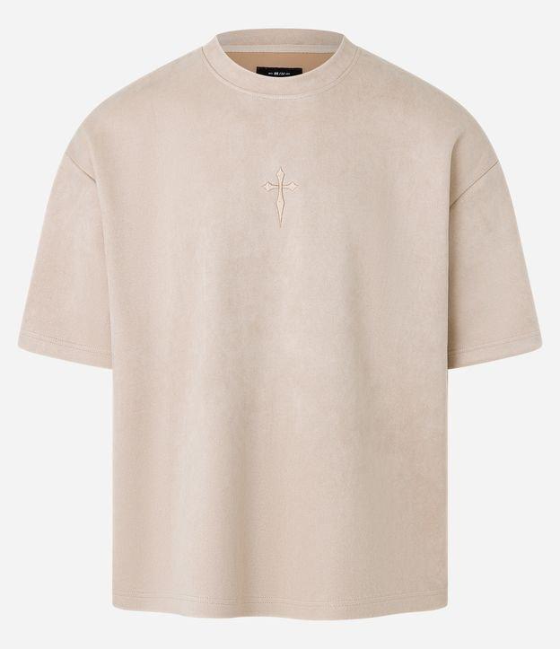 Camiseta Oversized em Suede com Bordado de Cruz e Lettering - 1