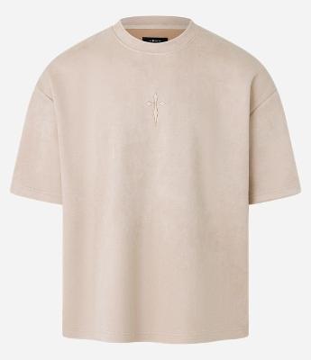 Camiseta Oversized em Suede com Bordado de Cruz e Lettering