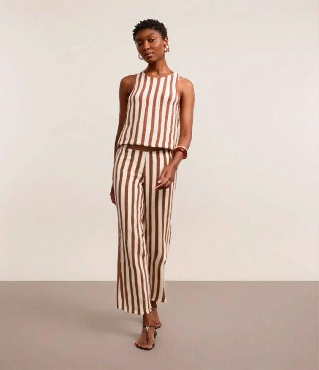 Calça Reta Cintura Alta em Tricô com Listras - 1