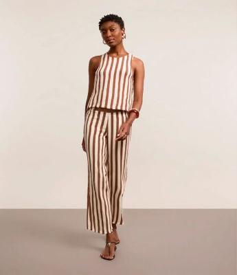 Calça Reta Cintura Alta em Tricô com Listras