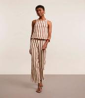 Calça Reta Cintura Alta em Tricô com Listras - 1