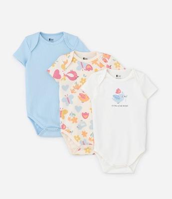 Kit 03 Bodies Infantis com Estampa Passarinho - Tam RN a 18 meses