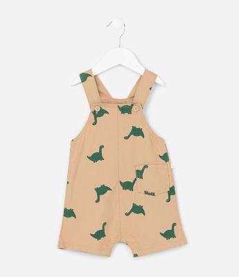 Jardineira Infantil em Sarja com Estampa Dino - Tam 3 a 18 Meses