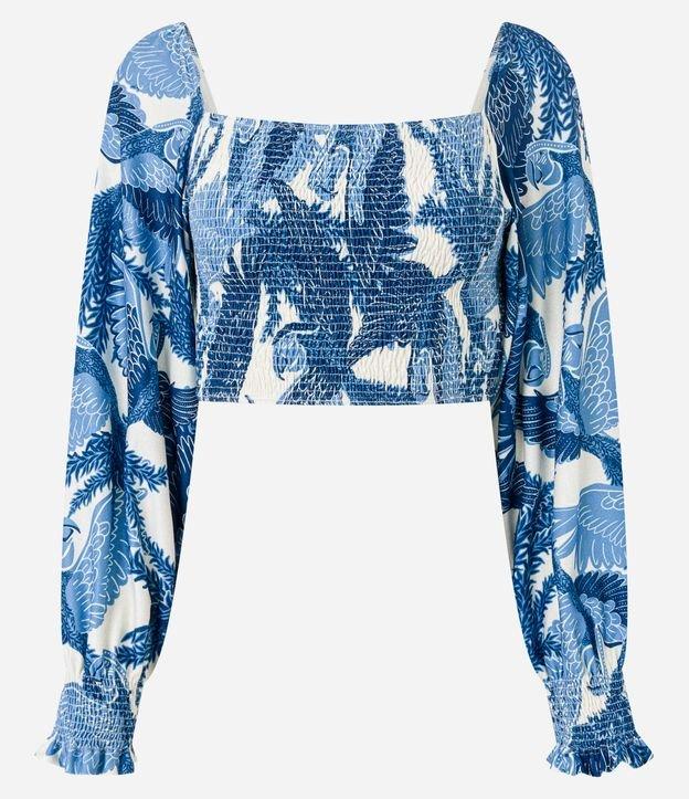 Blusa Cropped Texturizada em Lastex com Estampa Floral e Decote Quadrado - 1