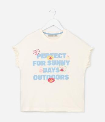 Camiseta Infantil Oversized com Estampa e Frufru - Tam 5 a 14 anos