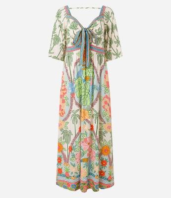 Vestido Evasê Longo em Chalis com Estampa Tropical