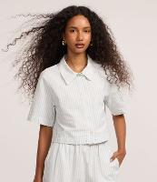 Camisa Cropped Listrada em Sarja com Colarinho na Gola - 2