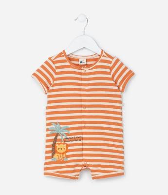Macaquinho Infantil em Suedine com Estampa de Leãozinho e Listras - Tam RN a 18 Meses