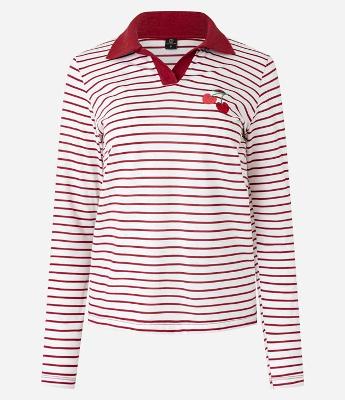 Blusa Listrada em Algodão com Gola Polo e Bordado Cereja