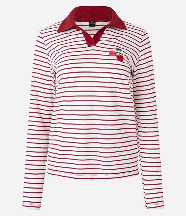 Blusa Listrada em Algodão com Gola Polo e Bordado Cereja - 1