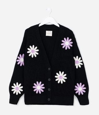 Cardigan Infantil em Tricô com Bordado de Flores - Tam 5 a 14 Anos
