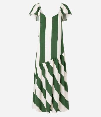 Vestido Longo em Chalis com Estampa Listrada e Babado Assimétrico