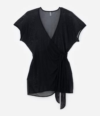 Saída de Praia Vestido Envelope em Tule com Amarração