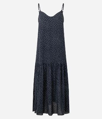 Vestido Evasê Longo em Crepe com Babados e Estampa Poá