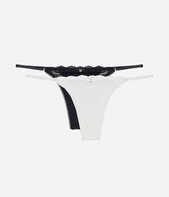 Kit 02 Calcinhas String Fio Duplo com Textura Furadinha e Detalhe de Renda