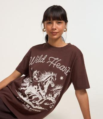 Camiseta Alongada com Estampa Western Wild Heart