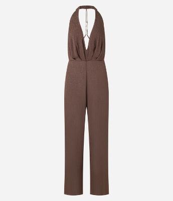 Macacão Pantalona em Cetim Texturizado com Aviamento nas Costas