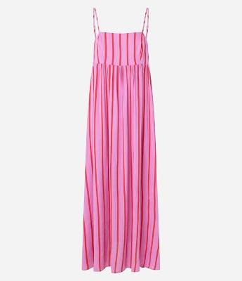 Vestido Longo em Chalis com Estampa Listrada e Alcinhas
