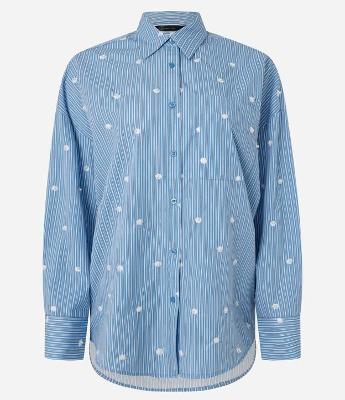 Camisa em Tricoline com Estampa Listras a Fio Tinto e Aplicação de Pérolas