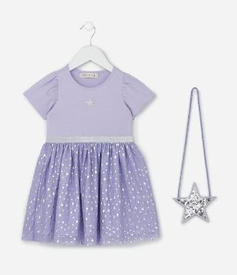 Vestido Infantil com Estampa de Estrela e Bolsinha - Tam 1 a 6 anos
