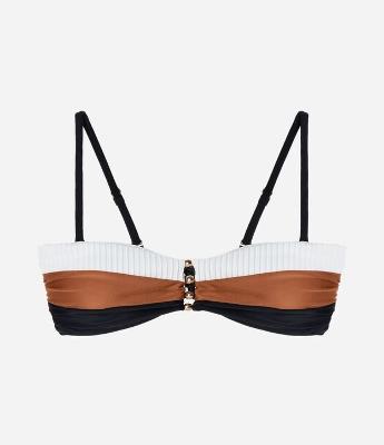 Biquini Top Bandeau em Microfibra com Bloco de Cor e Aviamento no Busto