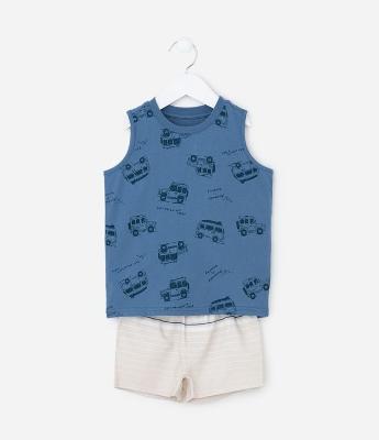 Conjunto Infantil com Estampa de Carros e Listras - Tam 1 a 6 Anos