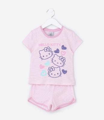 Pijama Curto Infantil com Estampa Listrada Hello Kitty - Tam 2 a 6 Anos