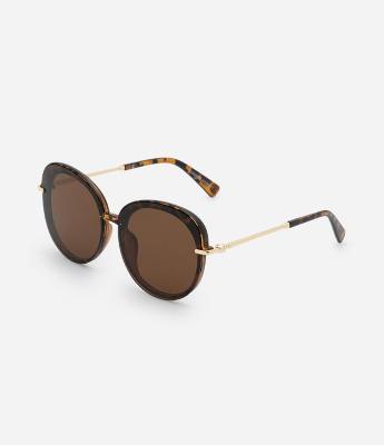 Óculos de Sol Redondo com Lente Sobreposta e Detalhe Tartaruga