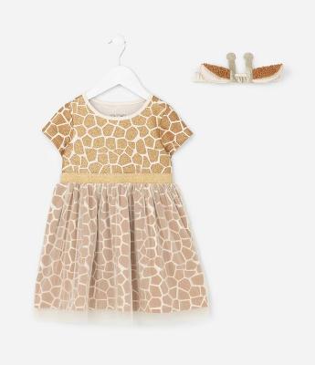 Vestido Infantil com Estampa e Tiara Girafa - Tam 1 a 6 anos