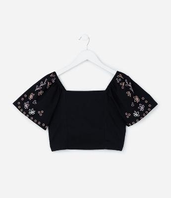 Blusa Cropped Infantil em Tricoline com Bordados nas Mangas - Tam 5 a 14 Anos