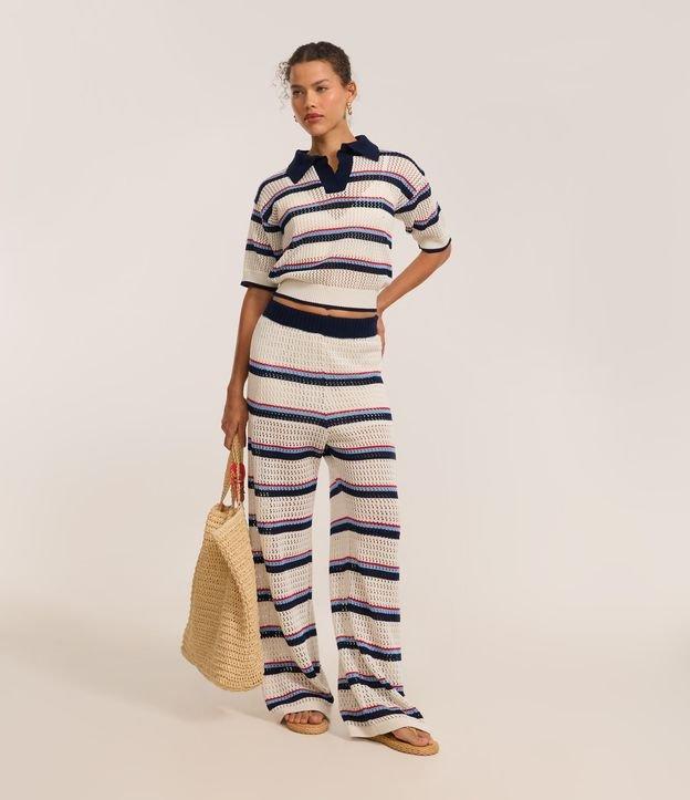 Calça Pantalona Cintura Alta em Tricô com Listras Variadas - 2