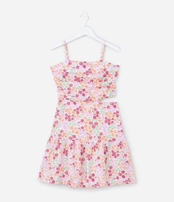 Vestido Infantil Maquinetado com Cut Out e Estampa Floral - Tam 7 a 14 Anos